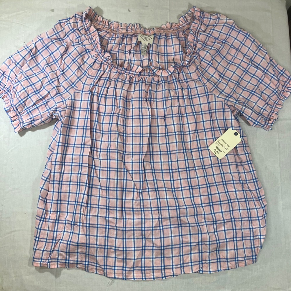 St Johns Bay Womens XXL Peach Plaid Smocked Blouse Short Sleeve Pink Blue NEW